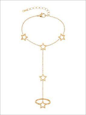 14K Gold Plated Stainless Steel Hand Chain Bracelet Ring Set
